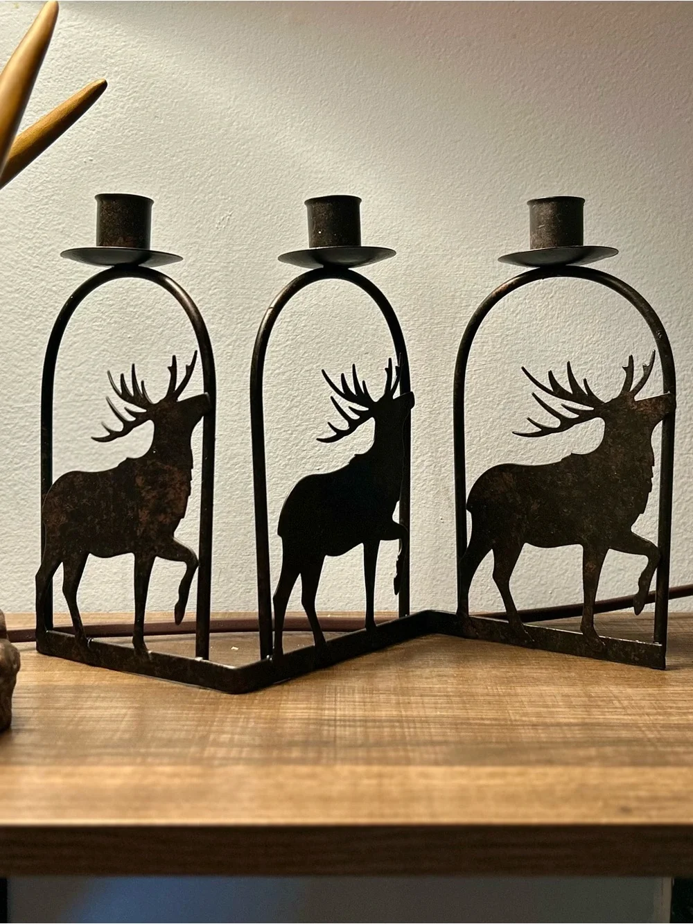 Festive Rustic Metal Cabin Buck Deer Triple Candlestick Holder